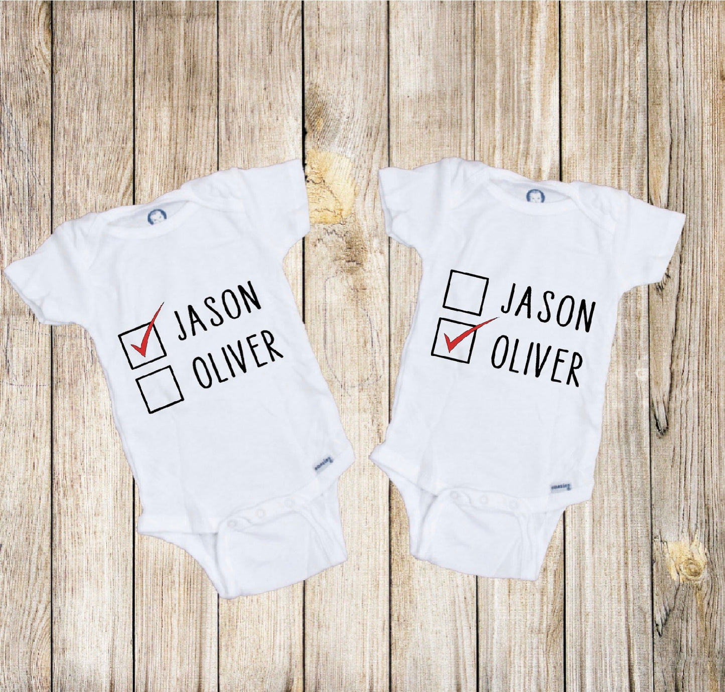 Name Check Box Twin Baby Onesies® – Minis by Meg